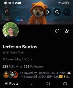 An X (Twitter) profile page for 'Jerfeson Santos' (@JerfesonSan), who joined in May 2025, with 223 Following and 258 Followers.