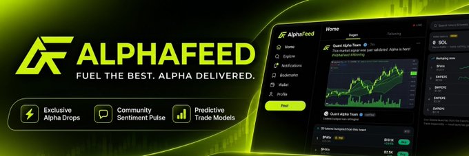 A promotional banner for 'ALPHAFEED - FUEL THE BEST. ALPHA DELIVERED.' featuring a dark green and neon green color scheme, highlighting 'Exclusive Alpha Drops,' 'Community Sentiment Pulse,' and 'Predictive Trade Models,' alongside an interface mockup.