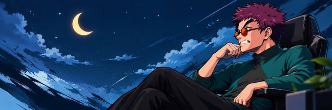 An anime illustration shows a person with purple hair and round red glasses sitting on a chair under a starry night sky with a crescent moon, wearing a teal shirt.
