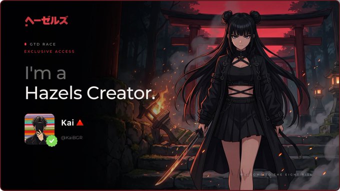A dark-haired anime character in gothic black attire wields a sword before a glowing red torii gate, branding the image with "Hazels" and "I'm a Hazels Creator" alongside the username "@0xKaiBGR" and "GTD RACE EXCLUSIVE ACCESS" tags, visually reinforcing the post's emphasis on exclusive, task-based allocation rather than public minting for the 5555 NFT collection.