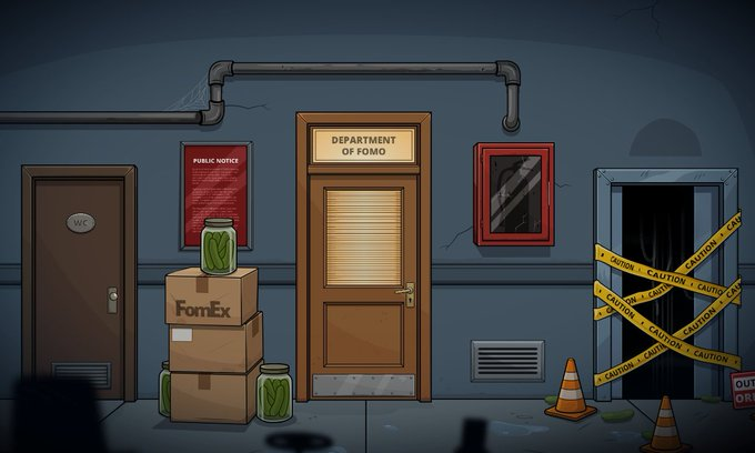 A cartoon scene of a hallway featuring a 'DEPARTMENT OF FOMO' door in the center, with 'FomEx' boxes and jars of pickles stacked nearby, a 'WC' door on the left, and a taped-off elevator on the right.
