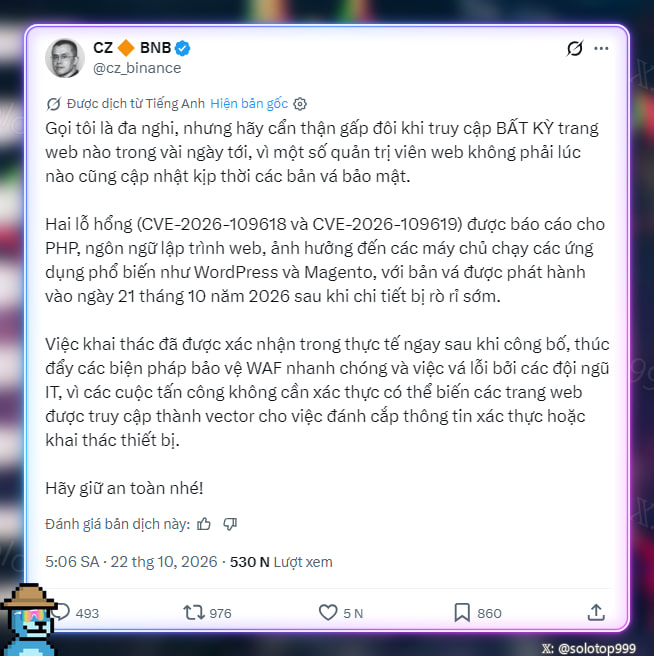 A Binance CZ Vietnamese-language post warns of serious PHP vulnerabilities, labeled CVE-2026-109618 and CVE-2026-109619, affecting PHP web servers, WordPress, and Magento. It says attackers could remotely execute code, alter websites, and trick users into signing malicious transactions, such as one showing “100U” but requesting a different transfer.