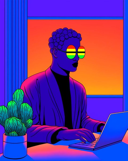 A stylized, neon-colored digital illustration of a person wearing reflective rainbow sunglasses and a purple robe, working on a laptop next to a cactus plant, with a vibrant orange and purple background.