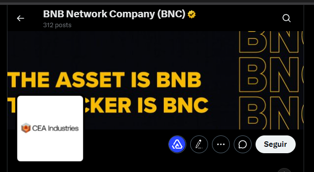 The image shows the X (Twitter) profile page of "BNB Network Company (BNC)" featuring a banner with the text "THE ASSET IS BNB / THE TICKER IS BNC" and the CEA Industries logo, with a "Seguir" (Follow) button. The profile has 312 posts and relates to the post about BNC being a Nasdaq-listed stock connected to the RWA narrative through Four.Meme, allowing memecoin traders to potentially influence its price like the GameStop ($GME) phenomenon.