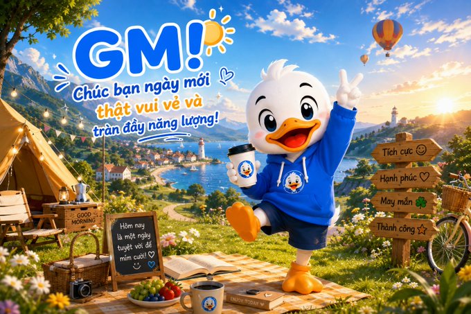 Cheerful cartoon illustration of a white duck character giving a thumbs up, surrounded by 'GM!' text, Vietnamese greetings ('Chúc bạn ngày mới thật vui vẻ...'), camping scenery, and motivational signs.
