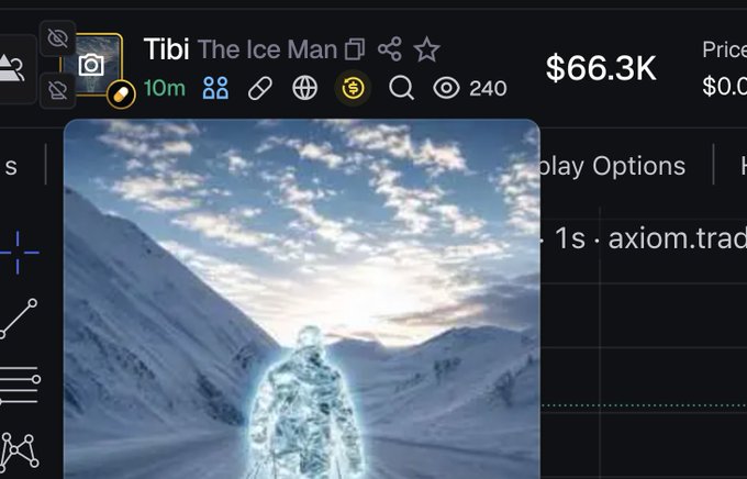The image shows a stock or crypto tracking dashboard displaying the token "Tibi The Ice Man" with a price of $66.3K and a 10m timeframe, featuring an icy figure standing in a snowy mountain landscape as the token's visual representation. This appears to be the scan result for the contract address 6AyoyiKhs3txek3MttruTCwKBT1ds56xA7iadB4Wpump, showcasing the token's branding and current market value.