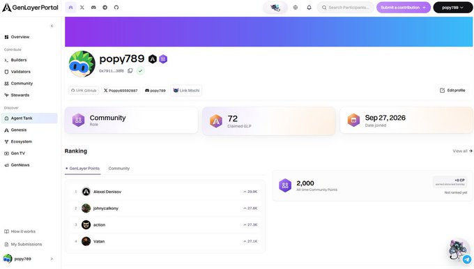 GenLayerPortal user profile page for user 'popy789' showing 88 Community Role points, 72 Claimed GLP, joined Sep 27, 2026, with a ranking of Alexei Demidov at top (29.9K GenLayer points).