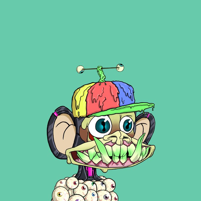 A surreal cartoon illustration features a creature with large eyes and a mouth full of sharp teeth, wearing a colorful dripping cap with an antenna, set against a solid teal background.