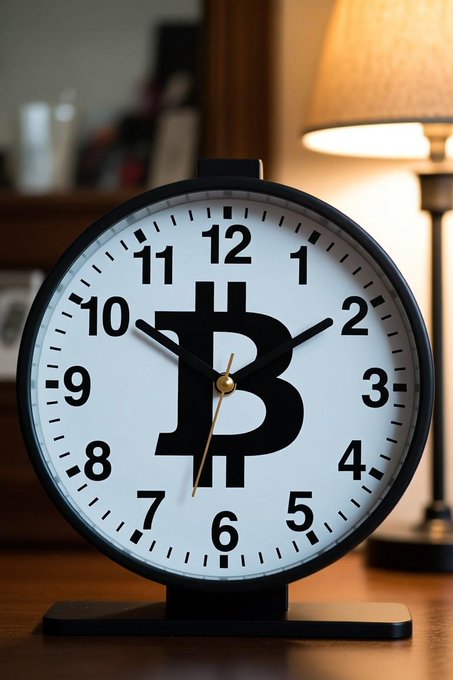 A round black desk clock with a white face displaying bold numbers 1-12 and a Bitcoin "₿" symbol at its center, shown sitting on a wooden surface next to a glowing lamp. The clock's Bitcoin-branded design visually reinforces the post's playful "time to buy Bitcoin" message, with the cryptocurrency logo replacing the typical minimalist clock face aesthetic.