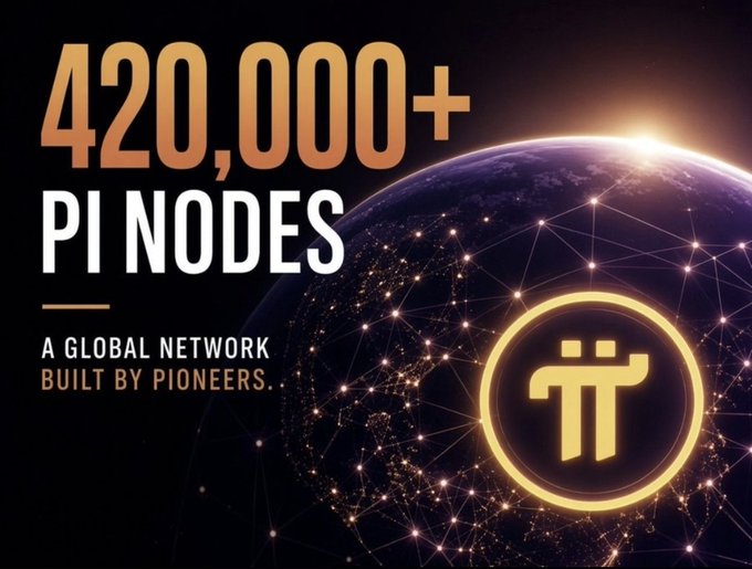 A promotional graphic displays '420,000+ PI NODES - A GLOBAL NETWORK BUILT BY PIONEERS' alongside a golden pi symbol logo, set against an image of Earth from space with a connected network overlay.