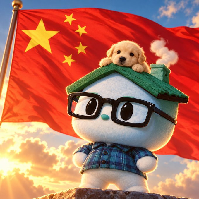 A cute 3D-rendered white mascot character wearing glasses and a plaid shirt with a puppy on its head, standing in front of the Chinese national flag at sunset.