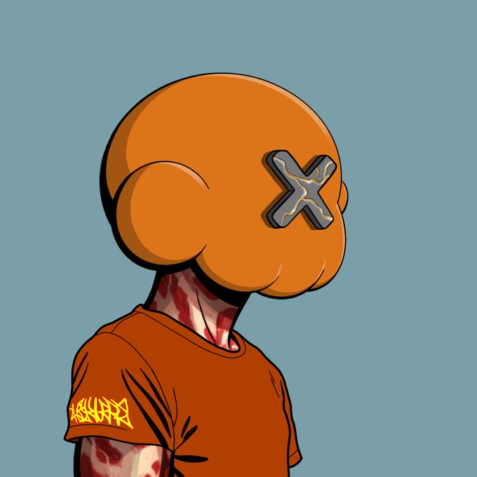 A digital illustration of a PFP NFT character featuring a large orange skull-like head with a gray "X" eye and an exposed "Meat Body" neck and arm, wearing an orange t-shirt with "SKULRZ" branding in yellow text. The artwork matches the described orange-themed SkulRz NFT (#292) from @skulrzworld.