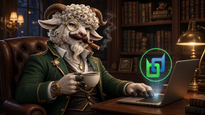 An illustrated anthropomorphic goat with curly wool, glasses, and a green suit smokes a cigar while typing on a laptop, with a green digital logo displayed on the screen.