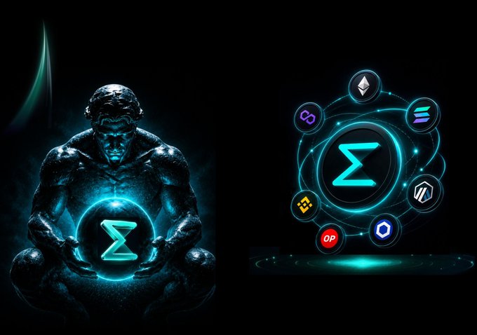 A dark digital artwork featuring a muscular figure holding a glowing Ethereum-style symbol on the left, and a circular array of cryptocurrency logos around a central 'Σ' symbol on the right.