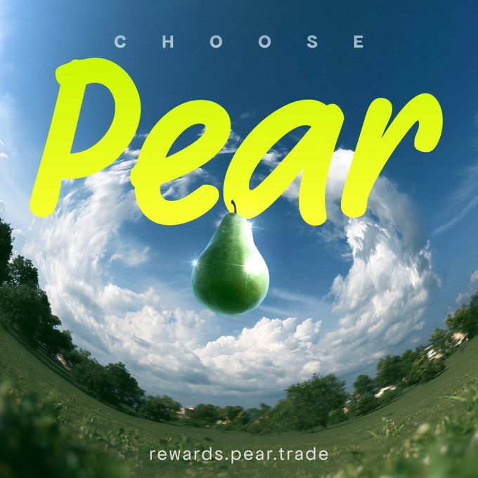 A surreal sky photograph with a floating pear and yellow text reading 'CHOOSE pear' above the URL 'rewards.pear.trade'.