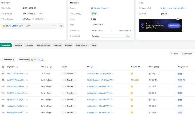 A screenshot of a Solana blockchain explorer showing a wallet address 'jew.sol' with a total balance of $12,995,890.06 and a transaction history of token transfers.