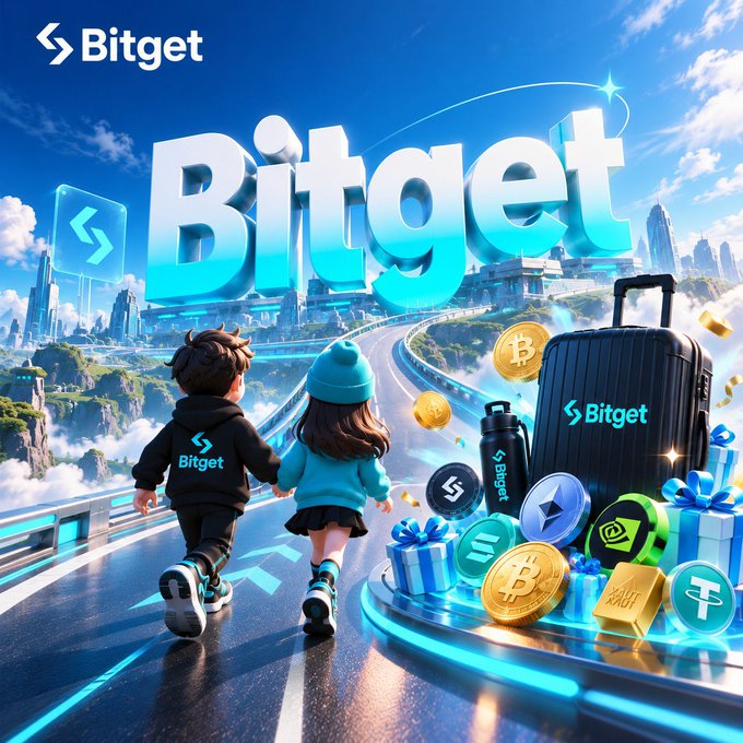 A 3D promotional graphic for Bitget featuring two children walking on a futuristic sky road toward floating cryptocurrency coins, gift boxes, and a Bitget-branded suitcase, with the Bitget logo prominently displayed.