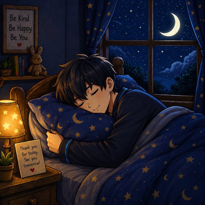 The image features a boy sleeping peacefully with his eyes closed while lying in bed under blue stars. The scene takes place next to a window that has curtains drawn, creating a cozy atmosphere for the young man's slumber. A note or card is placed on the bed beside him, which reads "Good night, Web3 fam! As the world logs off, the blockchain keeps running 24/7. Rest up, recharge, and dream of moonshots, zero fees, and full sovereignty". The image also includes a teddy bear sitting next to the boy in his sleep.