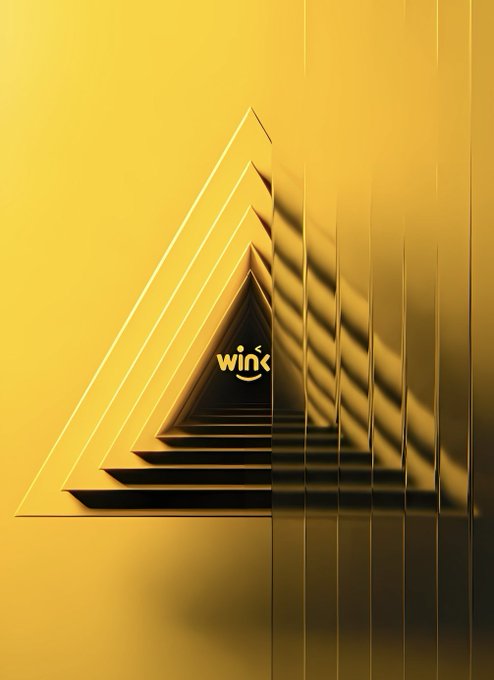 An abstract 3D geometric design featuring nested golden triangles on a yellow background with the word 'wink' written at the center.