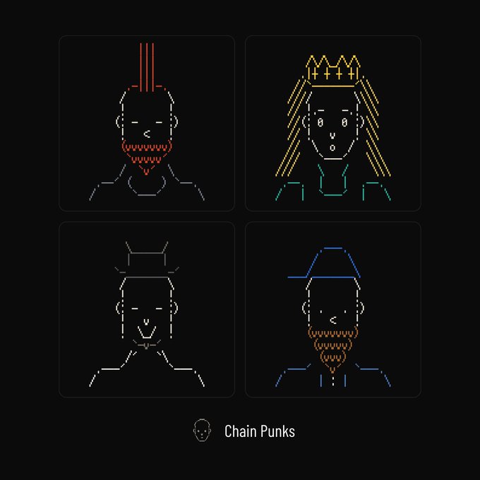 Four stylized pixel-art portraits of punk characters are displayed in a 2x2 grid on a dark background, with the text "Chain Punks" appearing below. The image serves as a teaser for the Chain Punks NFT mint, showcasing character traits like a crown, red mohawk, fedora, and blue cap.