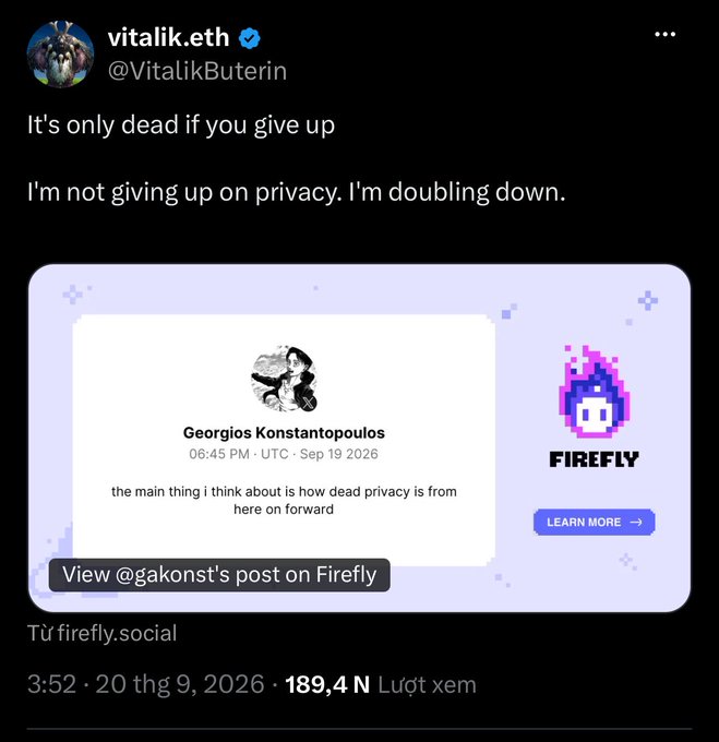 Tweet from vitalik.eth (@VitalikButerin) stating 'It's only dead if you give up. I'm not giving up on privacy. I'm doubling down,' quoting a post from Georgios Konstantopoulos about privacy.
