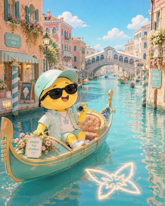 The focus of this image is a cartoon character wearing sunglasses and sitting in a boat surrounded by blue water and buildings. The image conveys a sense of enjoyment, adventure, or leisurely activity. It also serves as an advertisement for a product like @quipnetwork.