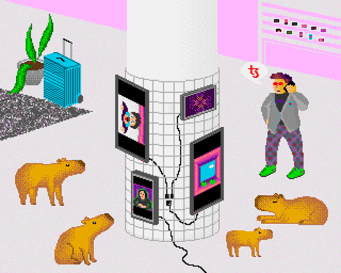 A pixel art scene featuring a man on a phone, four capybaras, a blue suitcase, and several digital displays mounted on a tiled column—one screen showing a character labeled "Nautilus"—illustrating the recent 100xtz sale of the Tezos NFT artwork "Nautilus" from the Sabatobox collection.