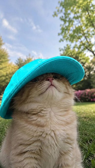 A close-up photo of a cream-colored cat wearing a bright turquoise hat outdoors, looking upward against a backdrop of trees and sky.