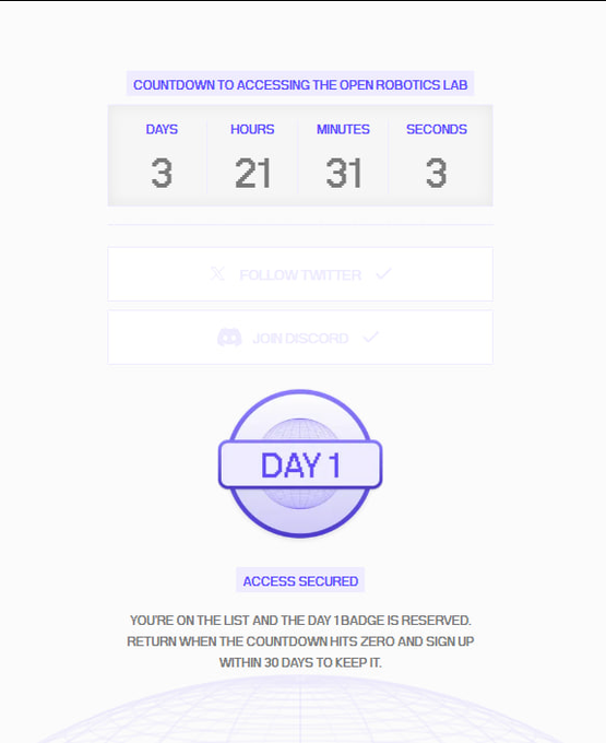 A countdown page for accessing the Open Robotics Lab shows 3 days, 21 hours, 31 minutes, and 3 seconds remaining, along with "Day 1" and "Access Secured" badges indicating the user has completed required steps like following Twitter and joining Discord.