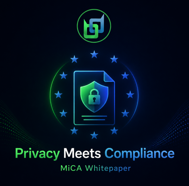 A promotional graphic titled 'Privacy Meets Compliance' with 'MiCA Whitepaper' underneath, featuring a document icon with a shield and padlock surrounded by EU stars.