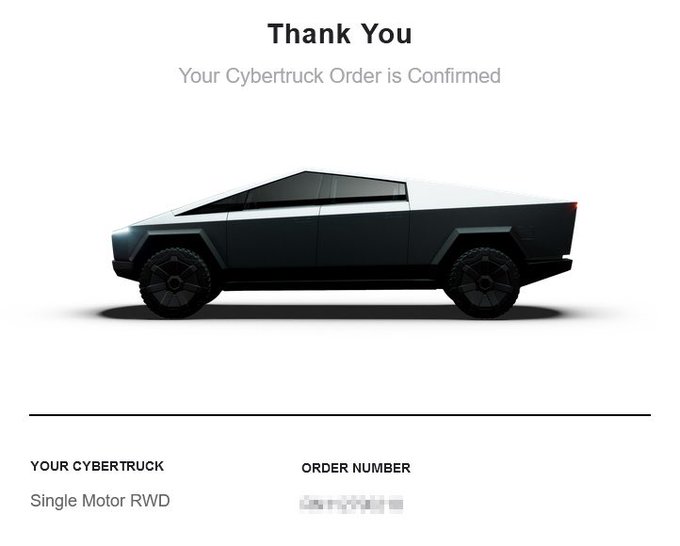 A Tesla Cybertruck order confirmation page showing a Single Motor RWD configuration with the text "Thank You - Your Cybertruck Order is Confirmed," connecting to the "$BTC" gratitude theme by symbolizing a major purchase commitment often discussed in Bitcoin investment contexts.