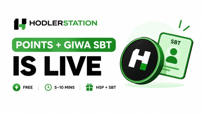 A promotional banner for 'HODLERSTATION' announcing 'POINTS + GIWA SBT IS LIVE', noting it's FREE, takes 5-10 MINS, and rewards HSP + SBT.