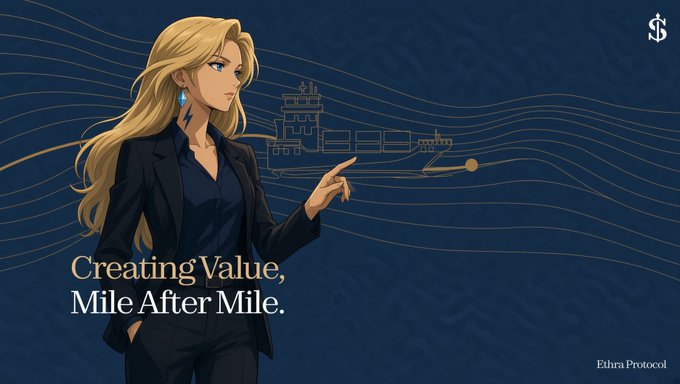 An illustrated blonde woman in a suit points to a train graphic with the slogan 'Creating Value, Mile After Mile' and the 'Ethura Protocol' logo.