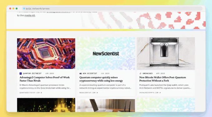 A browser window displays the quip.network/press page featuring a media kit with three highlighted articles: a June 2020 Quantum Zeitgeist piece titled "Advantage2 Computer Solves Proof-of-Work Faster Than Rivals," a New Scientist article on quantum computing mining cryptocurrency with less energy, and an April 2020 Unchained article on QuLab's QuIp wallet offering post-quantum Bitcoin protection without a fork.

The image showcases press coverage of the Quip Network, illustrating the project's visibility and credibility through established media outlets, which supports the post's emphasis on community collaboration and shared achievements among Quip's many members.