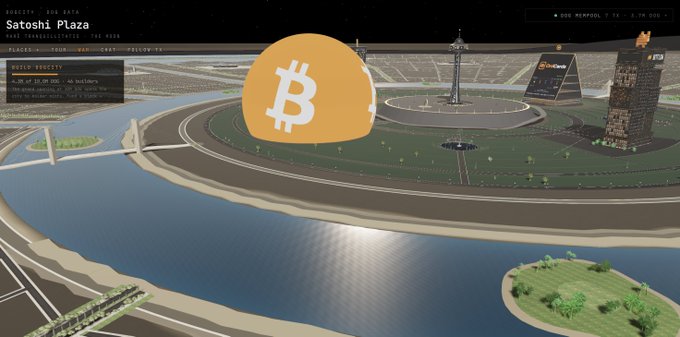 The image shows a digital rendering of "Satoshi Plaza" in DOGCITY, featuring a large Bitcoin logo monument, surrounding buildings, and a moon-like landscape with a river and bridge. While the accompanying post describes DOGCITY as a digital city built on real lunar terrain (Mare Tranquillitatis) using NASA and JAXA data for the $DOGE ecosystem, the image instead showcases a Bitcoin-themed plaza, suggesting the city hosts landmarks for multiple cryptocurrencies rather than exclusively $DOGE.