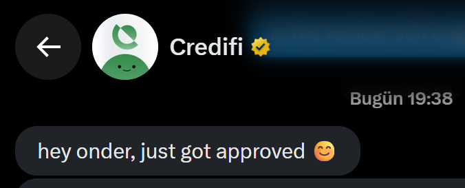 A Telegram message from Credifi (verified with a gold checkmark) reads 'hey onder, just got approved 😊' sent today at 19:38.