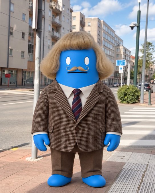 A blue, bobbleheaded mascot figure with a brown wig and mustache stands on a city sidewalk wearing a houndstooth blazer and tie. The image playfully illustrates the meme-style post by giving a visual "character" to the token, with no legible text on the figure itself, while the caption humorously urges holders of $ONE to claim their 30,000 $JEAN airdrop before missing out like the 1%ers who only received 90,000.