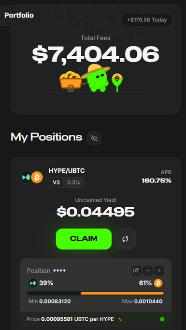 The user's crypto portfolio shows a total of $7,404.06 in fees, and a HYPET/UBTC position with an APY of 160.75% and unclaimed yield of $0.04495. This aligns with the post discussing passive income from a HYPE/uBTC liquidity pool.