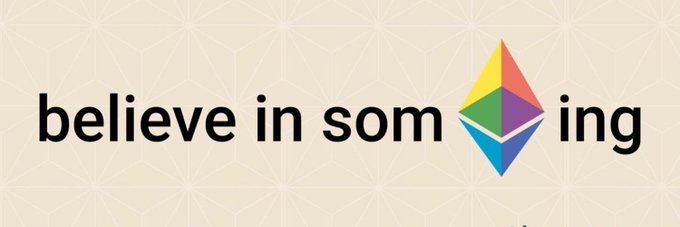 An Ethereum logo is split within the text "believe in som[logo]ing," with a horizontal line cutting through the middle, paired with a caption marking Ethereum's 11th anniversary.