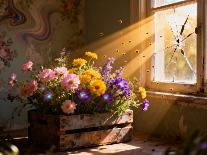 A wooden crate filled with colorful flowers (pink, yellow, and purple) sitting on the floor in front of a cracked window with sunlight streaming through.