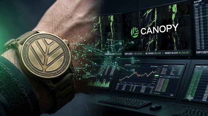 A promotional image for 'CANOPY' showing a hand wearing a gold-leaf pendant watch alongside trading screens displaying financial data, stock charts, and cryptocurrency prices like CNPY/USDT and MINED BLOCK #1,234,567.