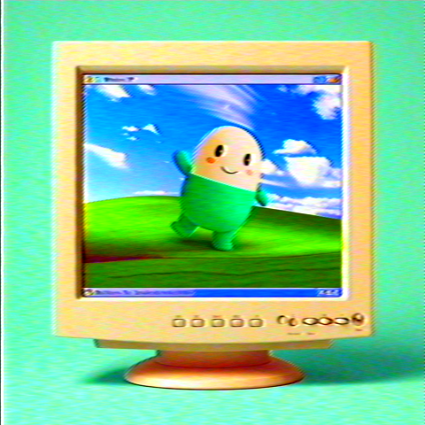 The image depicts the official Pump.fun mascot "Cupsey," a cheerful green and white egg-shaped character running across a grassy Windows XP "Bliss"-style desktop background displayed on a vintage CRT monitor. The accompanying caption references "Cupsey" by ticker ($Cupsey) as the Pump.fun mascot, using the bullish imagery of the character running forward to symbolize an imminent price rally ("bull run") that will negatively impact those betting against it ("fading").