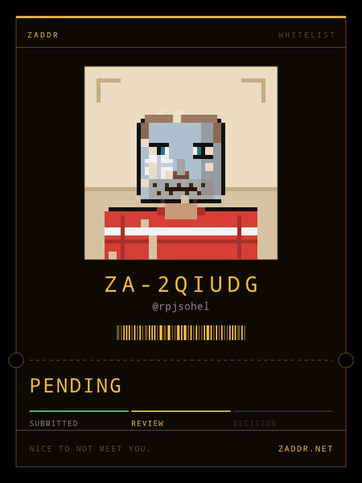 A digital passport-style card featuring a pixelated avatar, the code 'ZA-2QIUDG', the handle '@rpjsohel', and 'PENDING' status with 'ZADDR' and 'WHITELIST' text.