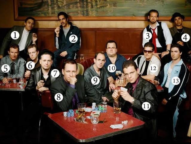 A group photo of thirteen men in a wood-paneled bar setting, with numbers 1 through 13 overlaid to identify each person, resembling the cast of the film 'Goodfellas'.
