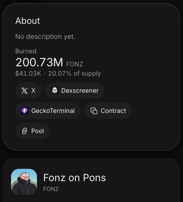 A dark-themed crypto info card for "Fonz on Pons" (ticker FONZ) displays that 200.73M FONZ tokens have been burned, representing 20.07% of supply and valued at $41.03K—visually confirming the post's claim that the dev has bought back and burned 20% of the $fonz supply.