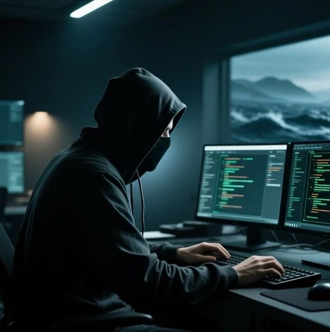 A hooded figure typing code at a multi-monitor setup in a dark room, with stormy ocean views visible through a window, depicting a hacker or programmer.