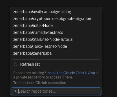 A GitHub repository selector dropdown shows the zenerbaba account with multiple repositories including Zenerbaba/Starknet-Node-Tutorial and Zenerbaba/Taiko-Testnet-Node, aligning with the post about setting up 31 Starknet nodes and Taiko testnet participation during early airdrop farming. The "Repository missing?" prompt suggests installing the Claude GitHub App to access private repositories.