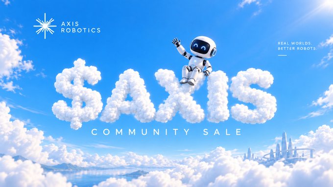 An advertisement for Axis Robotics 'BAXS Community Sale' featuring a friendly robot character sitting on cloud-formed letters against a bright blue sky with the tagline 'Real Worlds. Better Robots.'