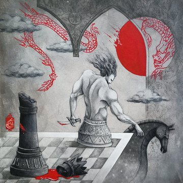 A monochromatic illustration with red accents depicts a muscular warrior with flowing hair standing over a chessboard, holding a blade, with a red sun and serpentine dragons in the background.