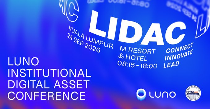 A blue promotional graphic for the LUNO Institutional Digital Asset Conference (LIDAC) in Kuala Lumpur on 24 Sep 2026 at M Resort & Hotel, featuring the tagline 'Connect Innovate Lead'.